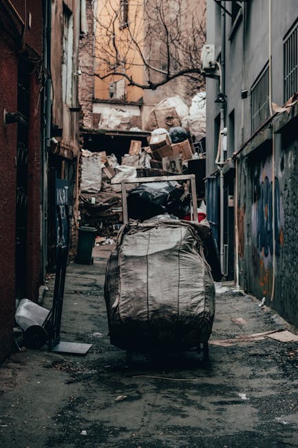 A pile of mixed waste materials located at the base of a weathered brick wall beside a large tree trunk. The waste includes cardboard boxes of various sizes, some flattened and others still in rectang